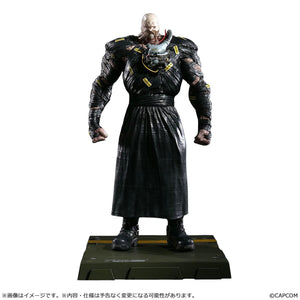 Front view of the 1/6 scale Nemesis figure from Resident Evil 3, showcasing the intricate black body wrappings and chest device on a white background.