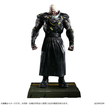 Front view of the 1/6 scale Nemesis figure from Resident Evil 3, showcasing the intricate black body wrappings and chest device on a white background.
