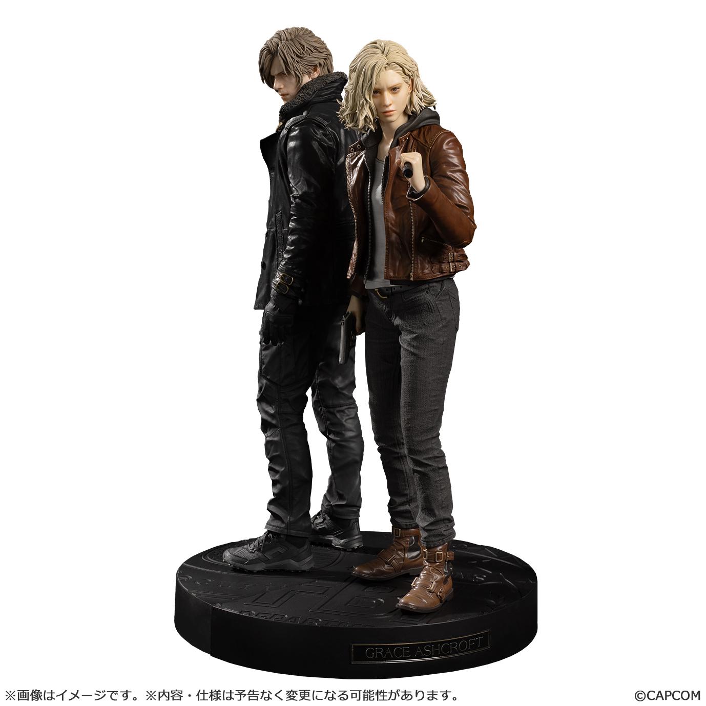 Grace Ashcroft and Leon S. Kennedy Creator's Model figures from Resident Evil Requiem posed back-to-back on a combined display base.