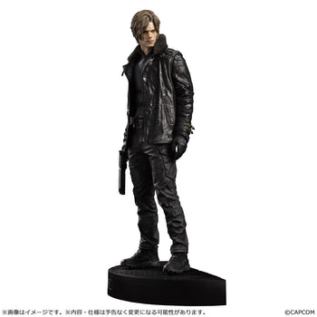 Full body front view of the 13-inch Leon S. Kennedy figure from Resident Evil Requiem, featuring his signature leather jacket and handgun.