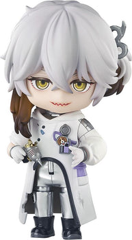 Close-up front view of the Reverse: 1999 Medicine Pocket Nendoroid figure featuring white hair, yellow eyes, a sly smile, and a white research lab coat.