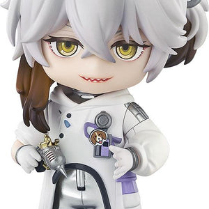 Close-up front view of the Reverse: 1999 Medicine Pocket Nendoroid figure featuring white hair, yellow eyes, a sly smile, and a white research lab coat.