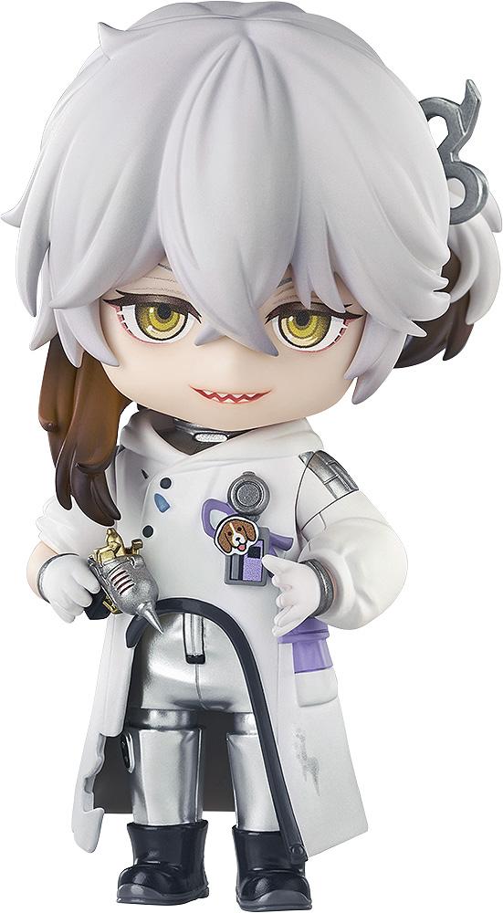 Close-up front view of the Reverse: 1999 Medicine Pocket Nendoroid figure featuring white hair, yellow eyes, a sly smile, and a white research lab coat.