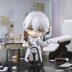 Medicine Pocket Nendoroid holding the Migur 0-1 device in a medical research lab setting next to a miniature steel utility cart.