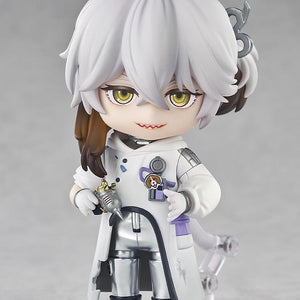 Full-body view of the Medicine Pocket Nendoroid standing on a clear display base with a standard smug expression, holding the Migur 0-1 tool.