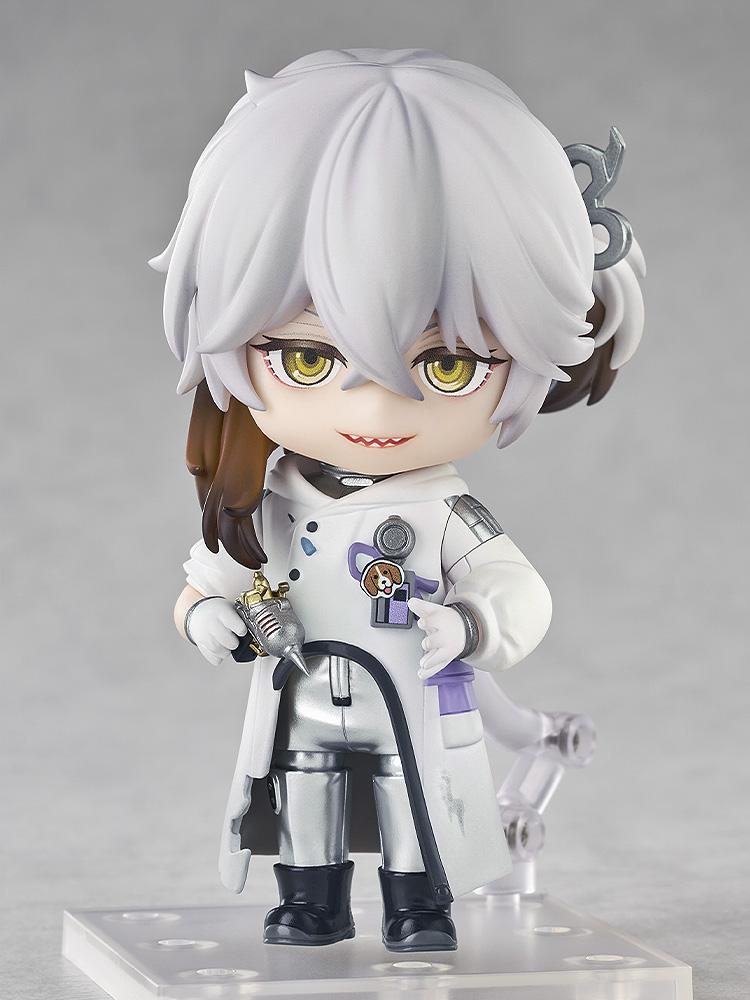 Full-body view of the Medicine Pocket Nendoroid standing on a clear display base with a standard smug expression, holding the Migur 0-1 tool.