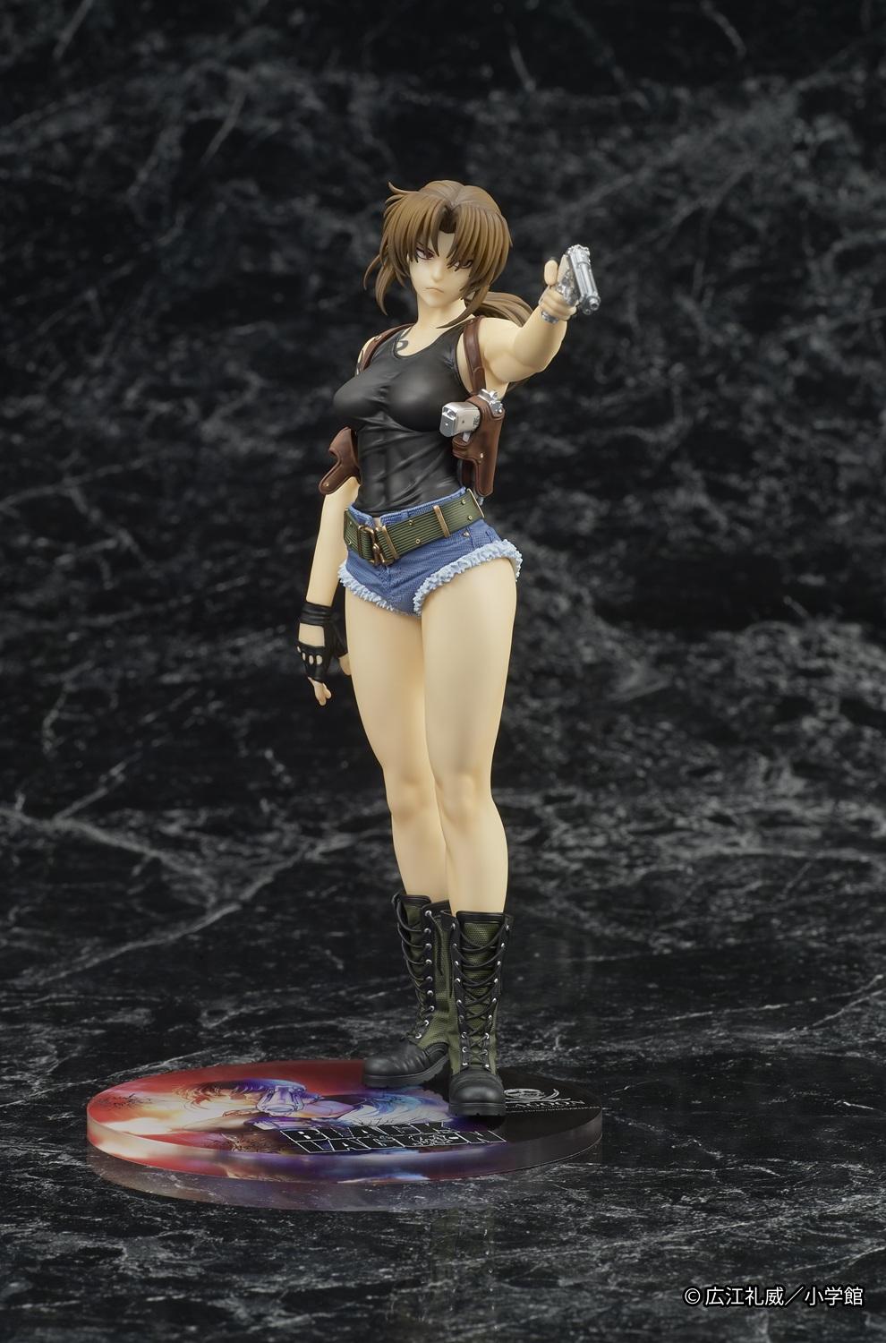 Front-facing full-length view of the non-articulated Revy DIGSTA statue from Black Lagoon holding a silver pistol in a dynamic shooting stance.