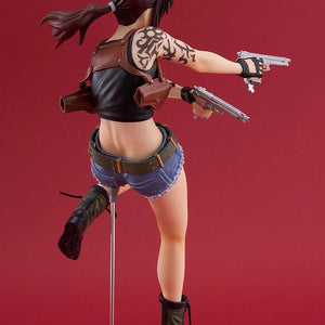 Rear view of the Revy figure emphasizing her flowing ponytail, tribal shoulder tattoo, and detailed leather holster harness.