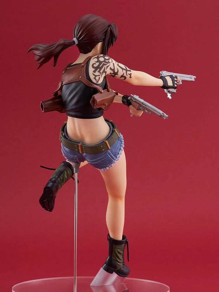 Rear view of the Revy figure emphasizing her flowing ponytail, tribal shoulder tattoo, and detailed leather holster harness.