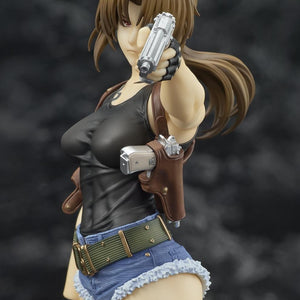 Intense close-up portrait of the Revy DIGSTA statue with her silver pistol pointed directly at the lens, featuring crisp detail on her scowling facial expression.