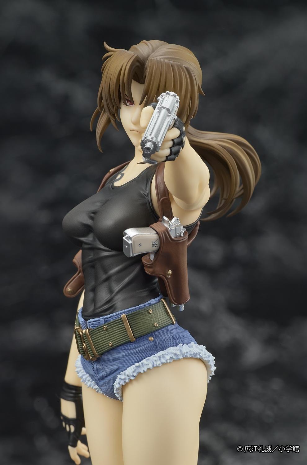 Intense close-up portrait of the Revy DIGSTA statue with her silver pistol pointed directly at the lens, featuring crisp detail on her scowling facial expression.