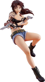 A studio shot of the Revy POP UP PARADE L figure from Black Lagoon in a mid-battle pose with two pistols aimed and a cigarette in her mouth.
