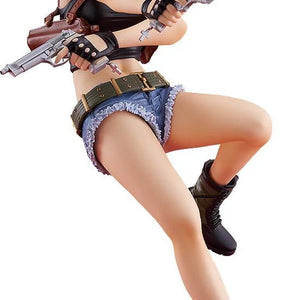 A studio shot of the Revy POP UP PARADE L figure from Black Lagoon in a mid-battle pose with two pistols aimed and a cigarette in her mouth.