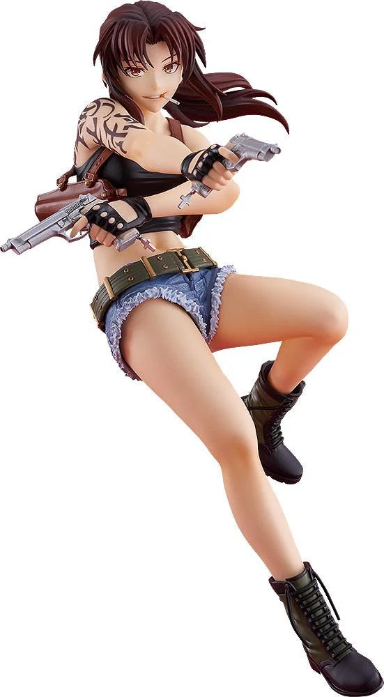 A studio shot of the Revy POP UP PARADE L figure from Black Lagoon in a mid-battle pose with two pistols aimed and a cigarette in her mouth.