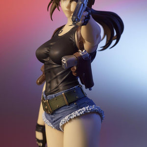 Cinematic close-up shot of the Revy Black Lagoon figure illuminated by dramatic red and blue neon atmospheric lighting.