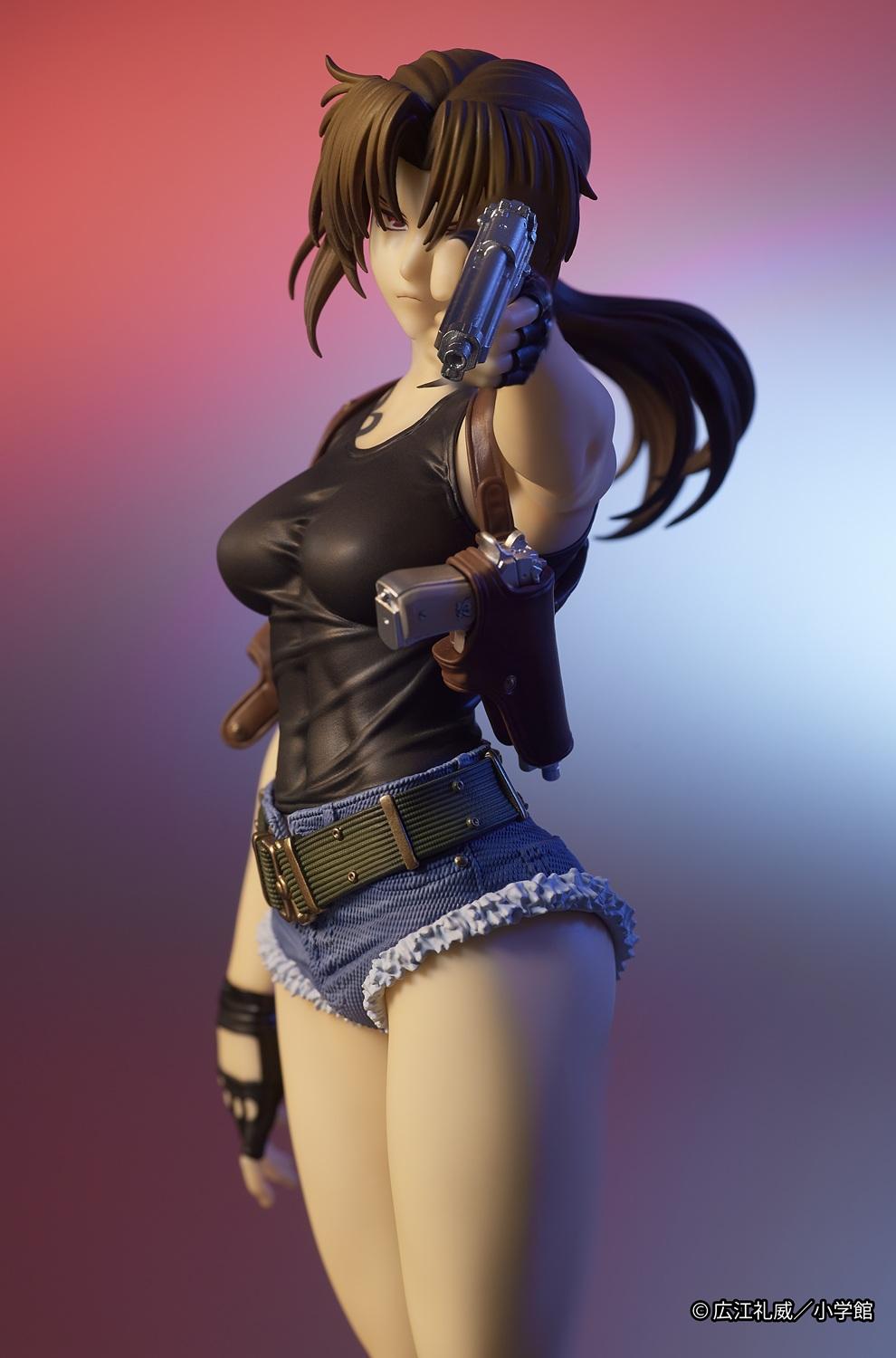 Cinematic close-up shot of the Revy Black Lagoon figure illuminated by dramatic red and blue neon atmospheric lighting.