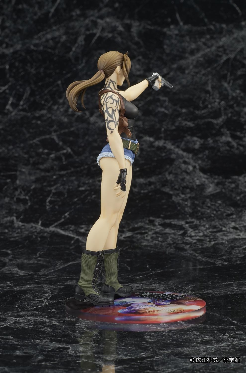 Side-angle full-body view of the DIGSTA Revy anime statue, highlighting the holster straps, arm tattoo details, and casual standing pose.