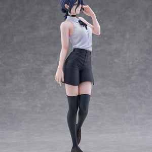 Right side profile view of the non-articulated Reze figure by FuRyu, showcasing her slender build and playful yet wistful stance.