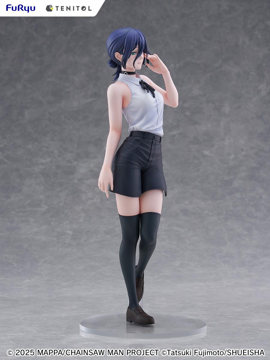 Right side profile view of the non-articulated Reze figure by FuRyu, showcasing her slender build and playful yet wistful stance.