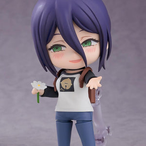 Reze casual version Nendoroid figure with blushing cheeks, extending her hand forward while holding a flower accessory.