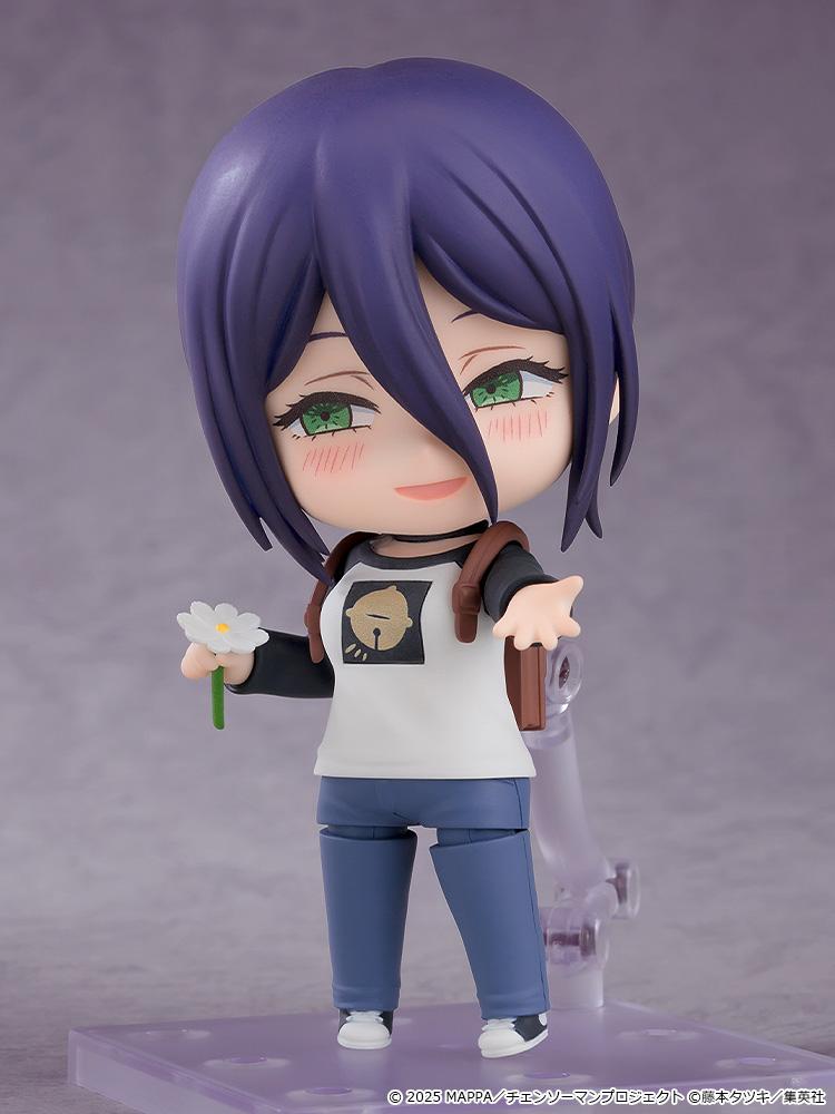 Reze casual version Nendoroid figure with blushing cheeks, extending her hand forward while holding a flower accessory.