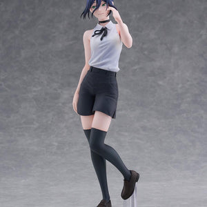 Three-quarter front view of the FuRyu Reze scale figure, highlighting the sculpt detailing on her clothing folds, choker, and black loafers.