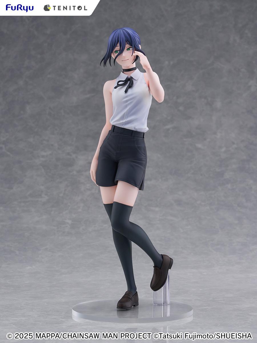 Three-quarter front view of the FuRyu Reze scale figure, highlighting the sculpt detailing on her clothing folds, choker, and black loafers.