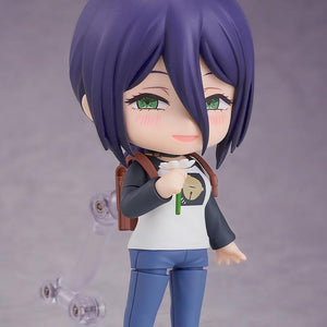 Full view of the Reze Nendoroid figure wearing blue jeans, a raglan t-shirt, and a backpack, displayed on a clear articulated stand.