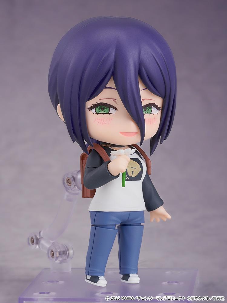 Full view of the Reze Nendoroid figure wearing blue jeans, a raglan t-shirt, and a backpack, displayed on a clear articulated stand.
