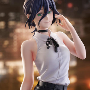 Tight close-up portrait of the Reze figure under warm, dramatic night-themed diorama lighting.