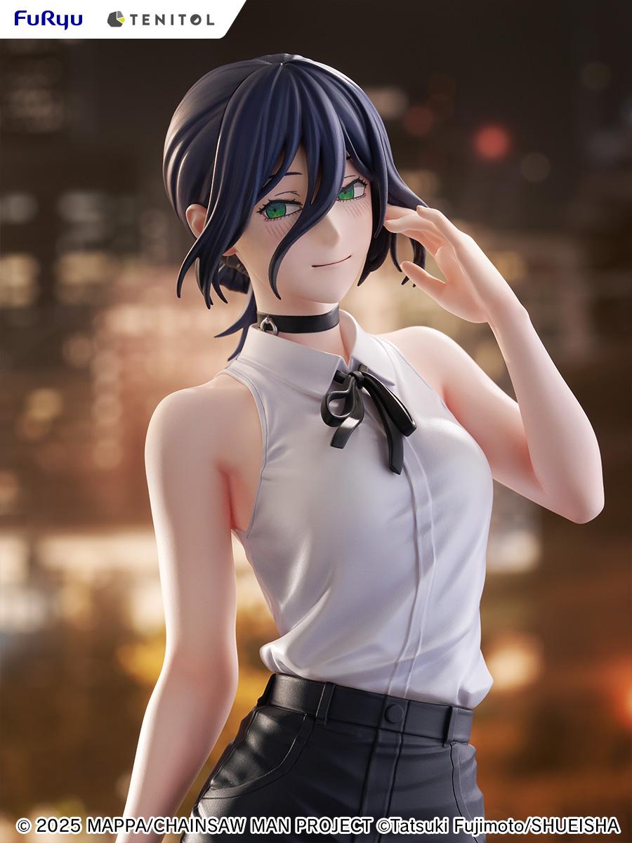 Tight close-up portrait of the Reze figure under warm, dramatic night-themed diorama lighting.