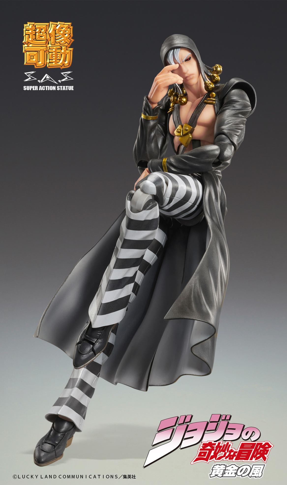 Close-up detail shot of the miniature silver metallic Metallica stand effect parts floating near the hands of the Risotto Nero figure.