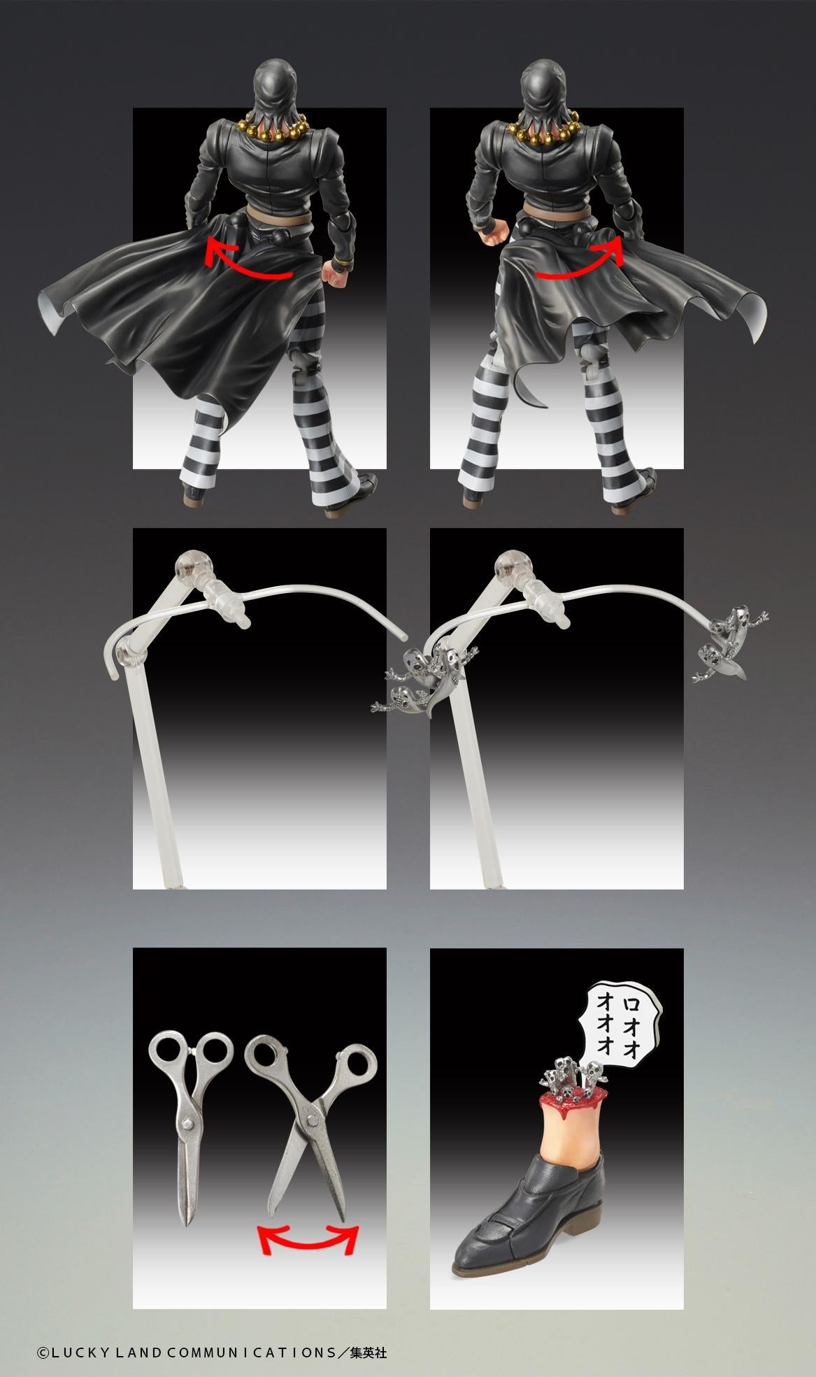 Layout display showcasing the Medicos Risotto Nero figure unboxed alongside all 8 alternate hands, 2 face plates, scissors, and Metallica accessories.