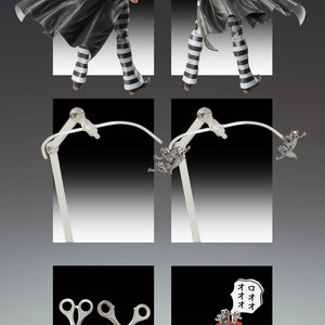 Layout display showcasing the Medicos Risotto Nero figure unboxed alongside all 8 alternate hands, 2 face plates, scissors, and Metallica accessories.