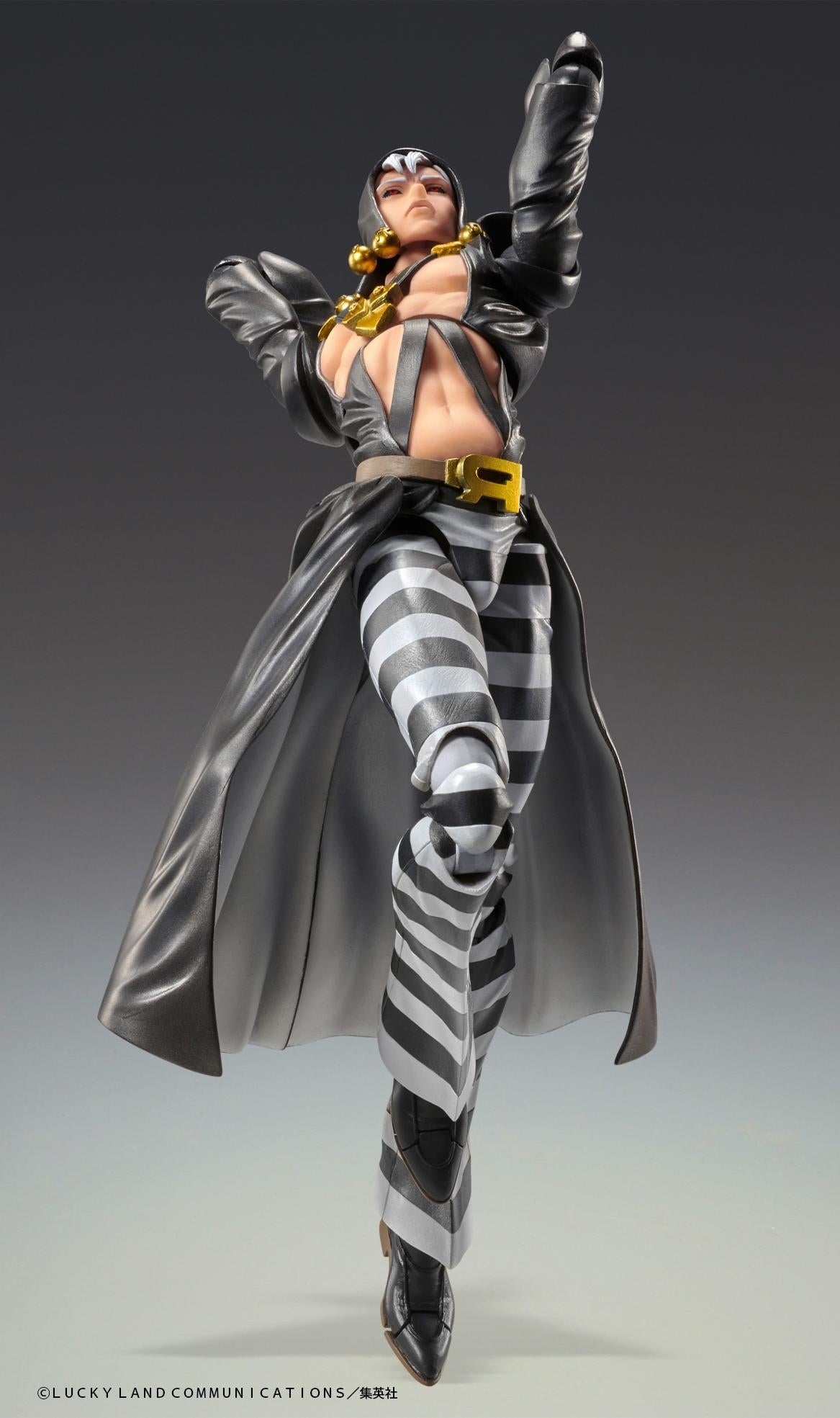 Risotto Nero action figure posed holding the included large silver scissors weapon accessory from the Golden Wind anime series.
