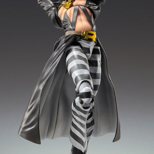 Risotto Nero action figure posed holding the included large silver scissors weapon accessory from the Golden Wind anime series.