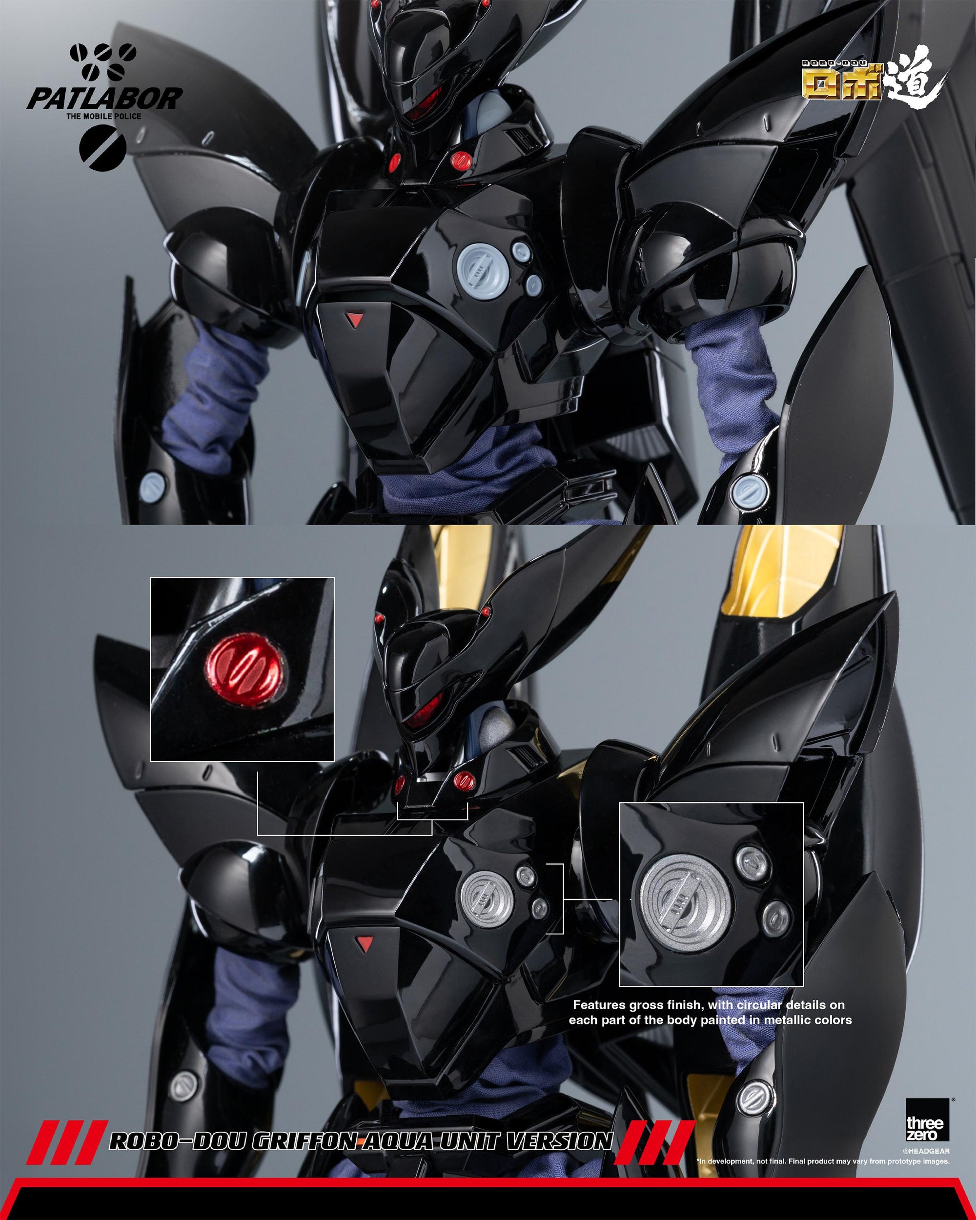 Detail callout highlighting the high-gloss black armor finish and metallic-painted circular hardware on ROBO-DOU Griffon Aqua Unit.