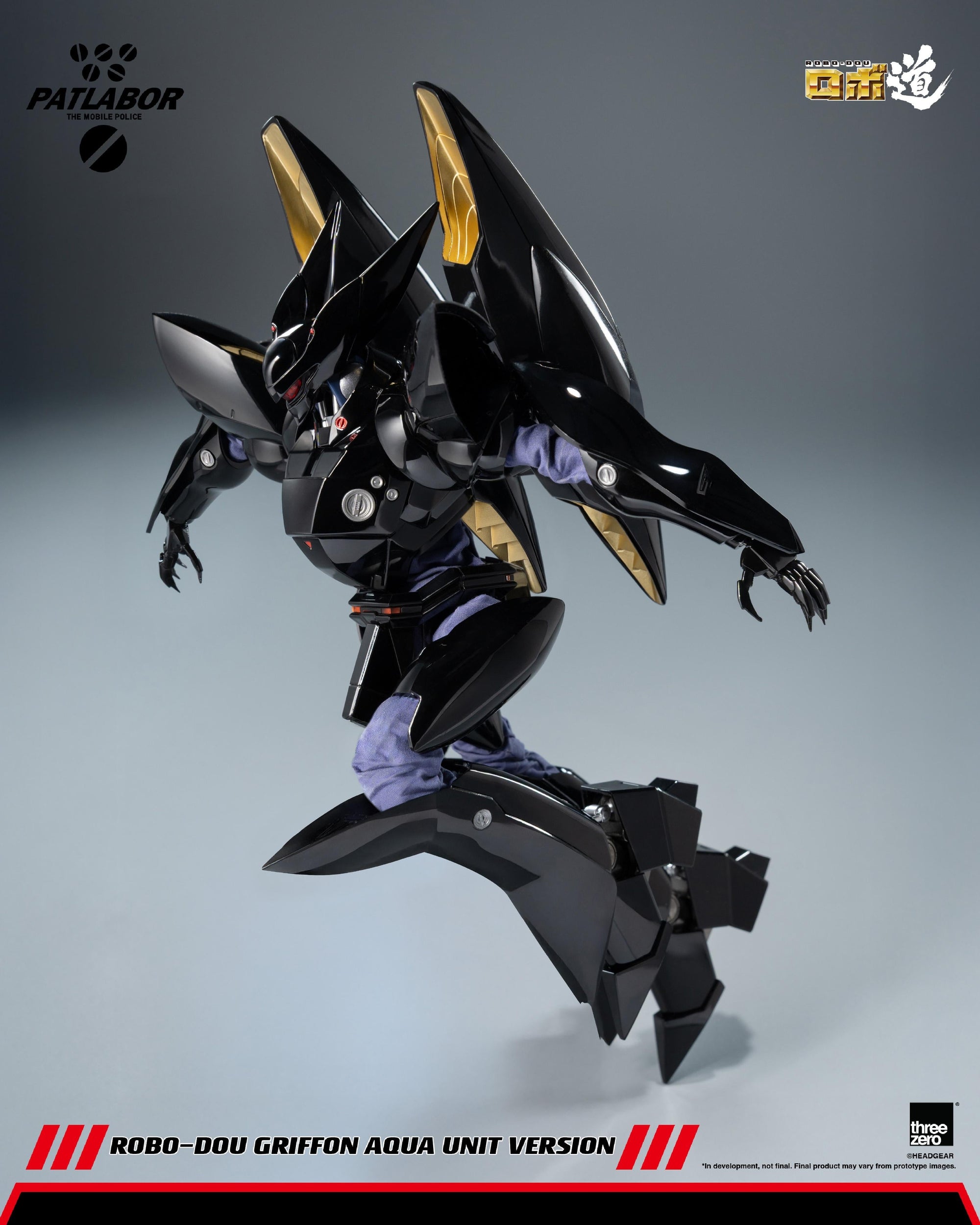 Action shot of ROBO-DOU Griffon Aqua Unit executing an aerial diving strike with clawed manipulator hands.