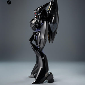Side profile view of ROBO-DOU Griffon Aqua Unit figure showcasing the streamlined backpack and gloss black armor silhouette.