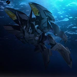 Cinematic underwater scene displaying the ROBO-DOU Griffon Labor propelled by its Aqua Unit propulsion backpack beneath the sea.