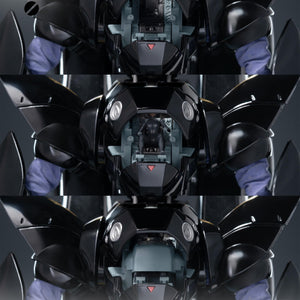Three-stage visual demonstration of the ROBO-DOU Griffon chest cockpit hatch opening to reveal the seated pilot figurine.
