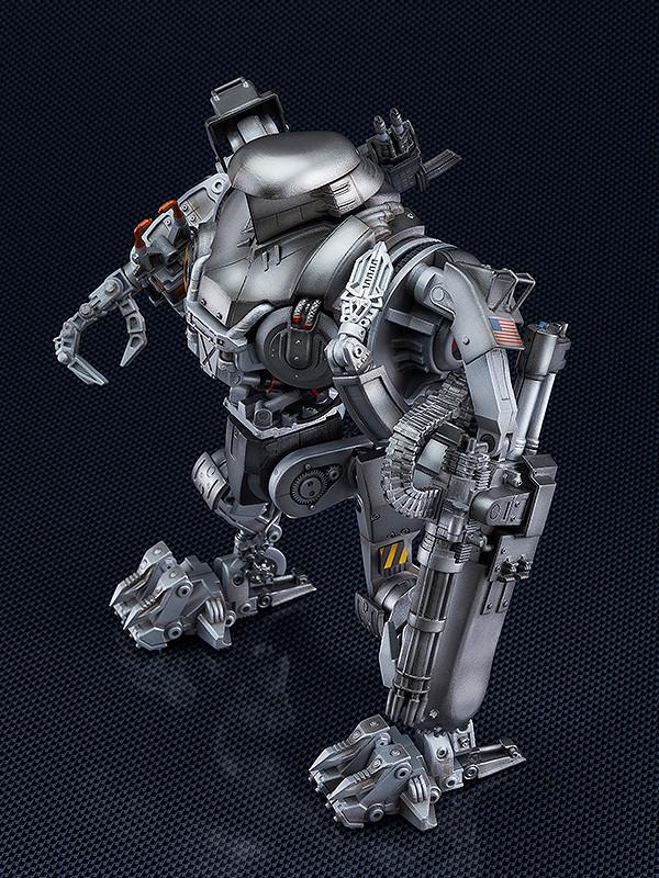 High-angle view of the RoboCain MODEROID kit showcasing the silver runner colors and detailed ammunition belt.