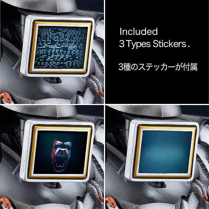 Showcase of the three types of interchangeable monitor graphic stickers including Cain's digital face.