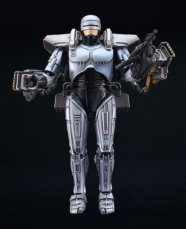 Full body shot of the RoboCop 3 model kit with jetpack gear in a powerful standing pose against a black background.