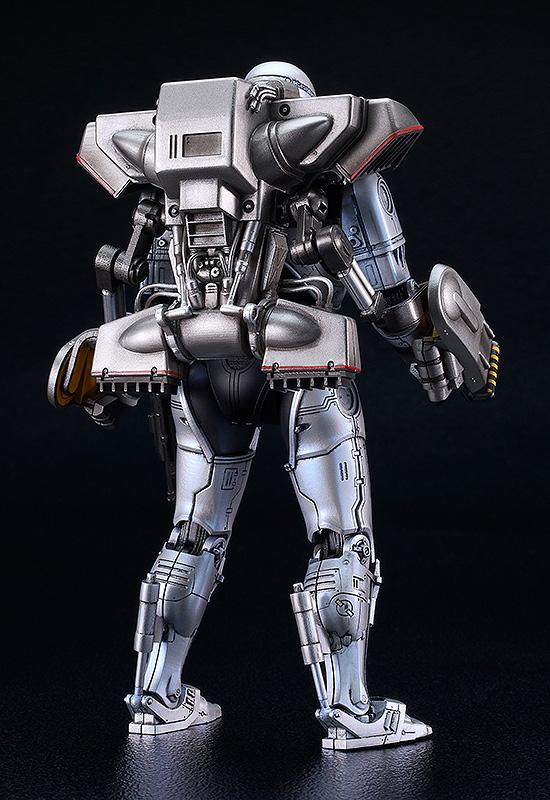 Rear view of the RoboCop 3 figure highlighting the dual thrusters and complex molding of the jetpack equipment.