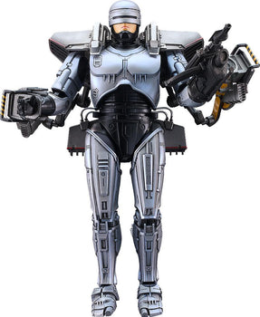 Front view of the MODEROID RoboCop 3 plastic model kit fully equipped with the jetpack and Gunarm accessories.