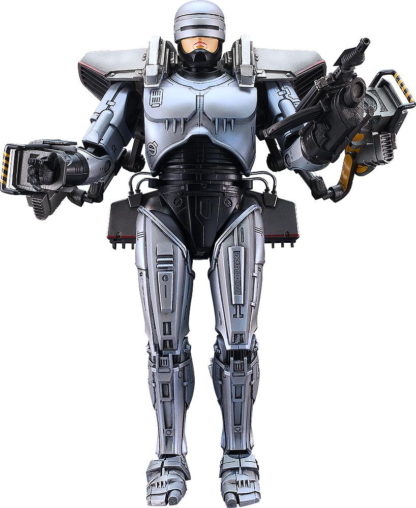 Front view of the MODEROID RoboCop 3 plastic model kit fully equipped with the jetpack and Gunarm accessories.