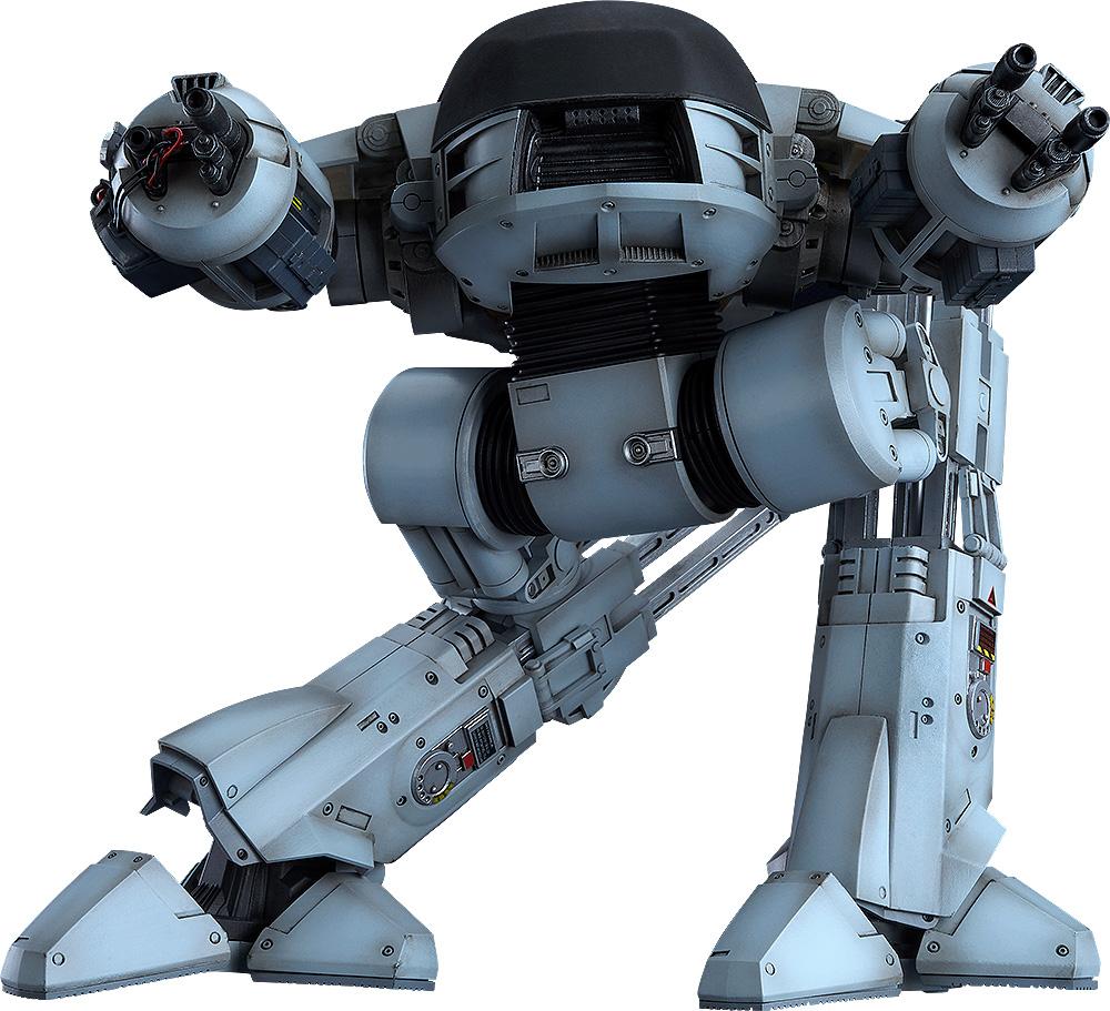 Front view of the 20cm MODEROID ED-209 plastic model kit featuring high-detail mechanical parts and dual arm cannons.