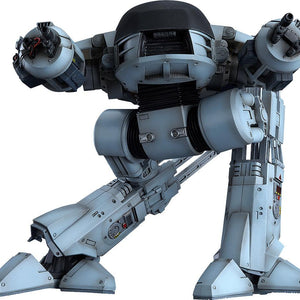 Front view of the 20cm MODEROID ED-209 plastic model kit featuring high-detail mechanical parts and dual arm cannons.