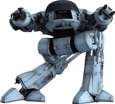 Front view of the 20cm MODEROID ED-209 plastic model kit featuring high-detail mechanical parts and dual arm cannons.